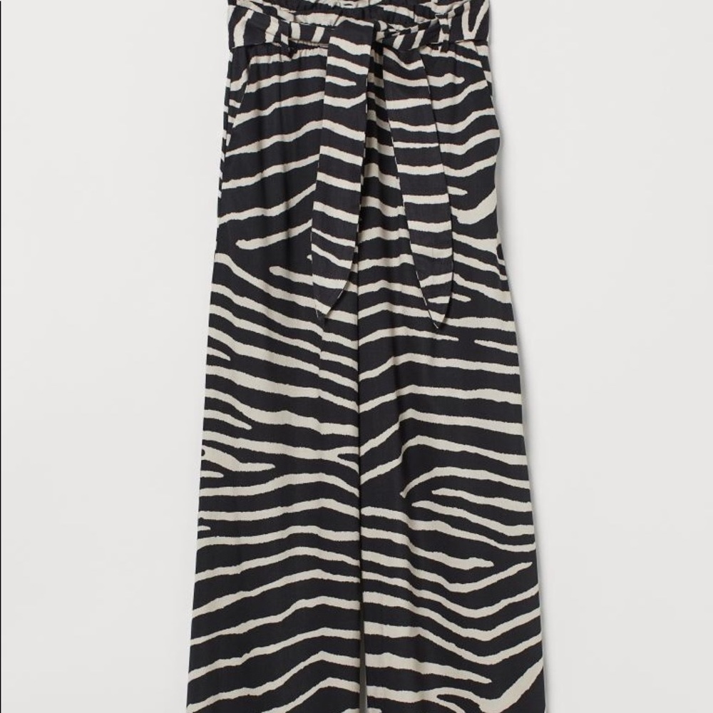 Wide-Leg Zebra Print Pants with Tie Waist - Black & Cream